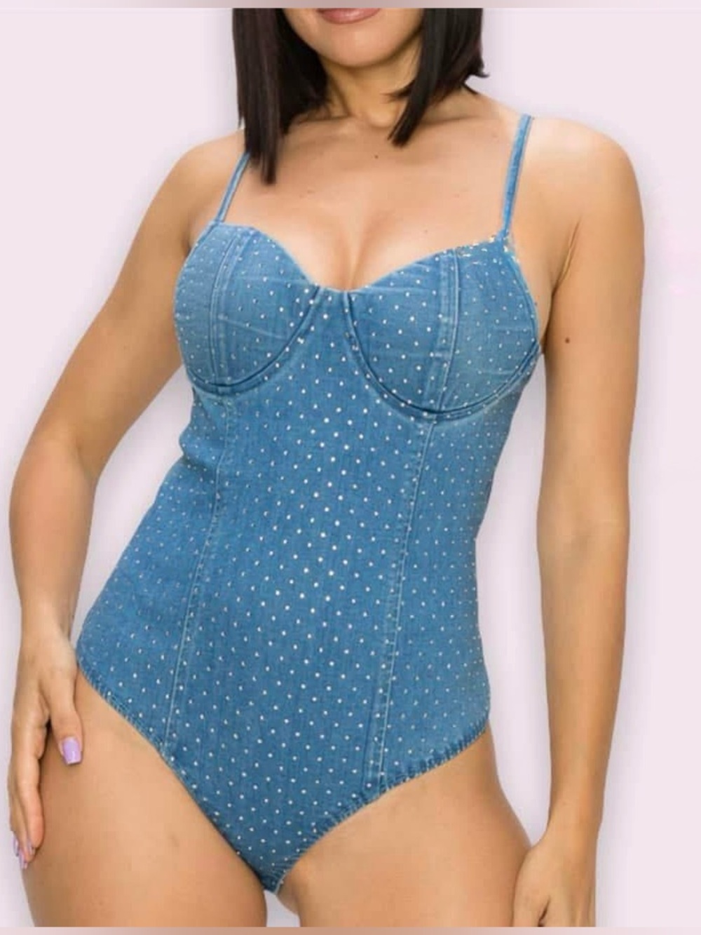 Blashe Rhinestone Studded Denim Bodysuit Bustier Top Sweetheart Blue L